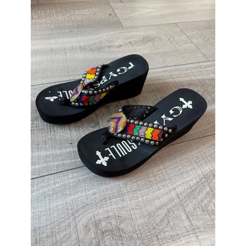 Gypsy Soule Beaded Platform Wedge Flip Flops Y2K Western Boho Sandals 8